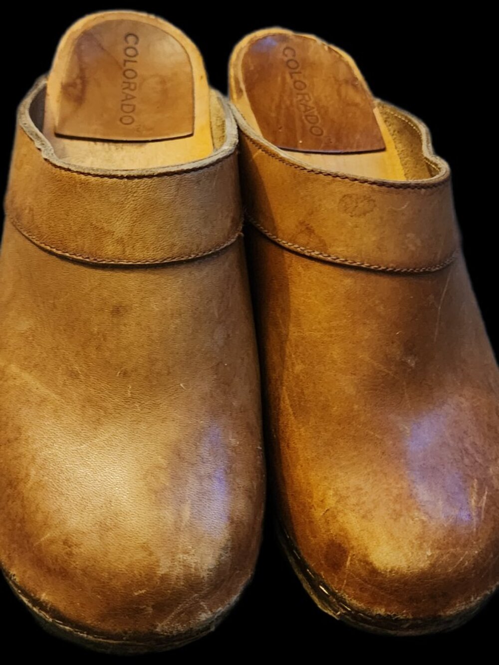 Vintage Colorado Tan Brown Leather Wooden Platform Clogs Mules - Slip On Chunky